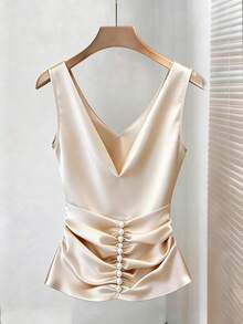 SHEIN Women's Tank Top, Apricot-Colored Solid Tank Top, Champagne-Colored Guest Attire, Sleeveless - Apricot - View 9