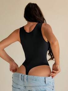 Sirith Women's Casual Solid Color Basic Bodysuit - Black - View 2