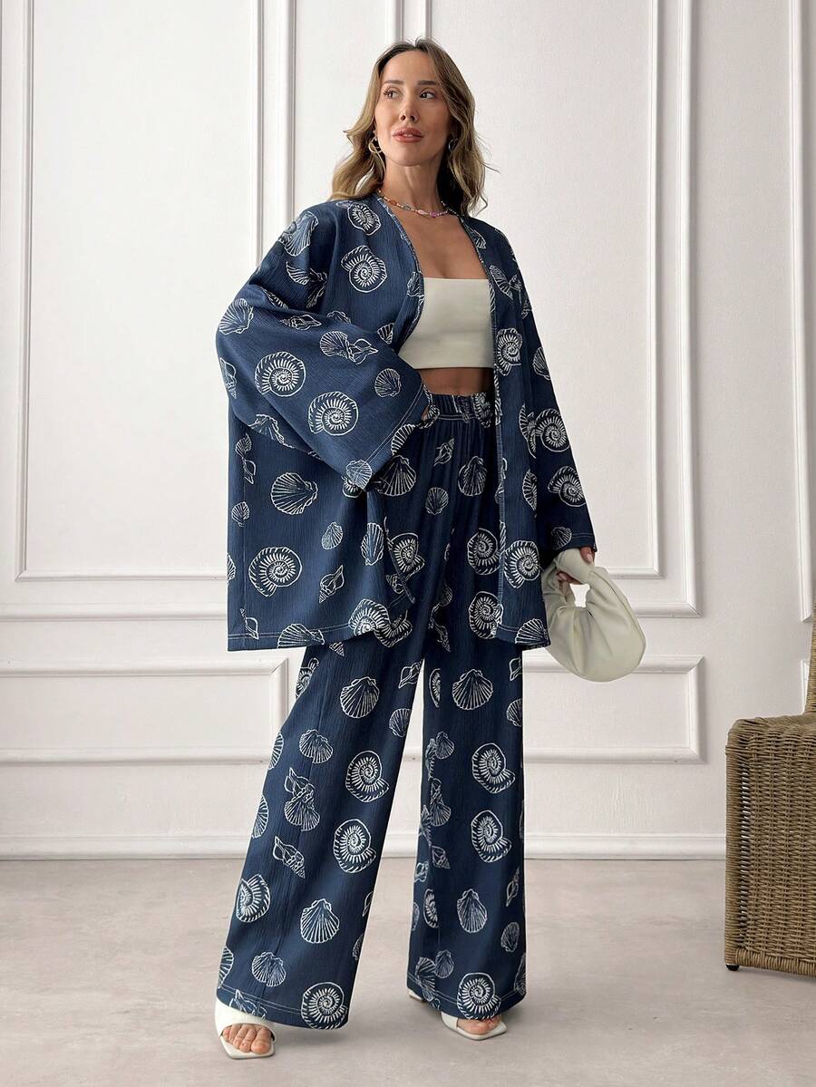 EURMUSE 印花高腰两件套——长袖和服上衣和阔腿裤 - 藏蓝色 - 查看 1