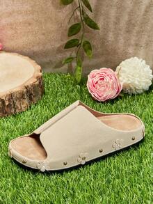 Mini mi #SweetBloom Kids' Side Flower Accents Sole Wide-Band Soft Footbed Nub Beige Slide Sandals– Cute, Comfy &Summer-Perfect - Beige - View 5