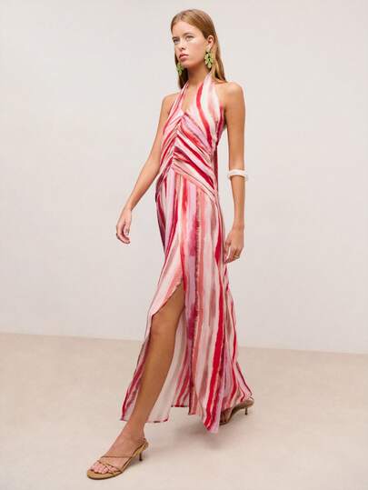 Nöista Long Dress With Vertical Stripes. Ruched Detailing At The Waist Enhances Its Flattering Silhouette. Special Occasions, Spring, Summer, Formal Event, Every Day Look, Easter, Formal Ocasion, Event, Weeding .