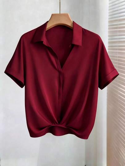 Franclia Women's Casual 2026 Spring/Summer Short Sleeve Burgundy Floral Bud Shirt, Front Short Back Long