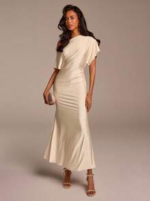 Women's Apricot Ruched Fishtail Hem Sleeveless Casual Dress, Suitable For Vacation, Commute, Party, Wedding - Apricot - View 3