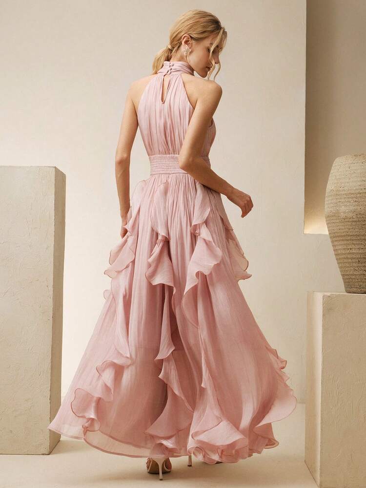 Women's Tall New Summer Elegant Sleeveless Halter Dress, Waist Pleated Slimming Shiny Ruffle Hem Flowy Pink Dress For Party Events