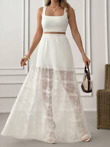 EURMUSE 女士白色长裙，蕾丝边层叠裙，度假长裙，波西米亚风夏季裙，飘逸沙滩裙，抽绳腰裙，女士度假裙，白色棉质长裙，休闲优雅裙，高腰层叠裙，A字蕾丝拼接裙，时尚夏季度假装，褶皱腰身裙，田园风长裙，度假时尚女装，中性白色服装，轻盈夏季必备单品，纯白长裙，沙滩罩裙，波西米亚蕾丝细节 - 白色 - 查看 1