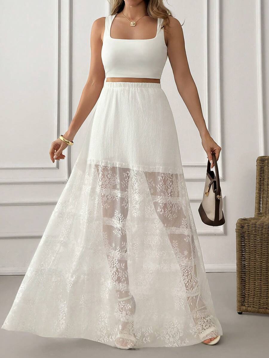 EURMUSE 女士白色长裙，蕾丝边层叠裙，度假长裙，波西米亚风夏季裙，飘逸沙滩裙，抽绳腰裙，女士度假裙，白色棉质长裙，休闲优雅裙，高腰层叠裙，A字蕾丝拼接裙，时尚夏季度假装，褶皱腰身裙，田园风长裙，度假时尚女装，中性白色服装，轻盈夏季必备单品，纯白长裙，沙滩罩裙，波西米亚蕾丝细节 - 白色 - 查看 1