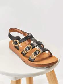 Mini mi #ModernRoman 儿童三扣优质纯素皮革黑色T字带平底凉鞋 – 安全、时尚、舒适 - 黑色 - 查看 8