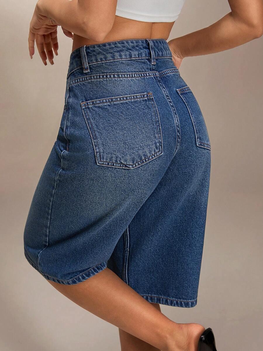 SHEIN Low Waist Washed Denim Jort - Medium Wash - View 1