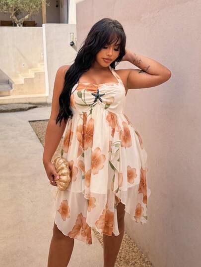 Rustia Vestido de playa asimétrico con estampado floral y cuello halter para mujeres