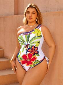 Swim Vcay 大码女式椰树花卉印花时尚度假休闲修身抽绳褶皱不对称领口连体泳衣，2026新款 - 彩色 - 查看 3