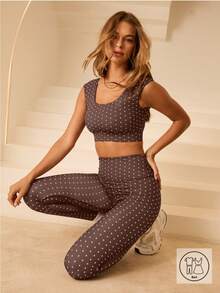 Aralina Leisurewear Polka Dot Printed Double Cap Sleeve Top And High Waisted Legging Two Pieces Active Gym Workout Set - Chocolate Brown - View 7