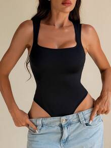 Sirith Women's Casual Solid Color Basic Bodysuit - Black - View 6