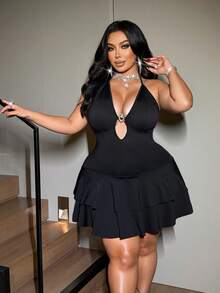 NU&NOW Vestido plus size sexy com decote halter e costas nuas - Preto - Ver 5