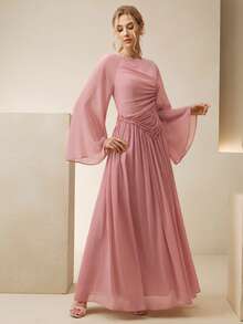 Anewsta High-Quality Fashionable Elegant French Pleated Waist Dress, Niche Design Flare Sleeve Round Neck Formal Gown, Commuting & Party Graceful Dress - Dusty Pink - View 3