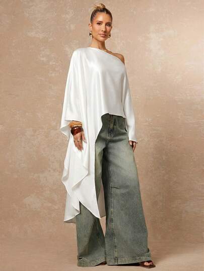 Lumalex New Autumn Elegant Casual Women's Solid Color Glossy Satin Fabric Asymmetric Hem Loose Fit Casual Long Sleeve Top White Top For Women Luxury Prom Gathering Party Banquet Modest Old Money Coquette Glitter Holiday Party Rave Festival Outing Vacation Hot Outdoor Richly Layered Wedding Season Banquet Party New Year Sequin Looks Of Party Gala Night Party Valentine's Day Date For Spring / Summer