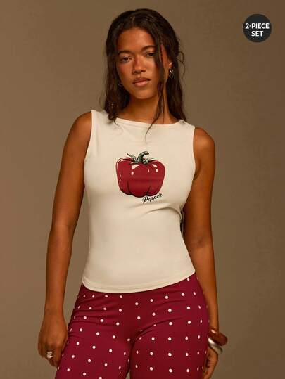 Athîral 女士休闲度假无袖露肩辣椒印花针织上衣和波点七分裤两件套，可爱套装，日常穿着