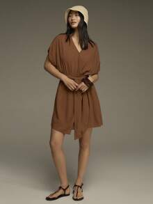COSMINA Women's V-Neck Sleeveless Dress With Tie Waist, Linen Fabric Wrap Short Dress In Pastal, Summer Casual Sexy Vacation Holiday Beach Golf Weekend Outfit - Brown - View 4