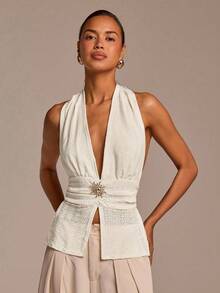 COSMINA Deep V-Neck Halter Top,White Summer Elegant Vacation Top,Waist Ruched Detail,Metal Buckle Accent,Open Back Design,Striped Texture Fabric,Apricot - Apricot - View 2