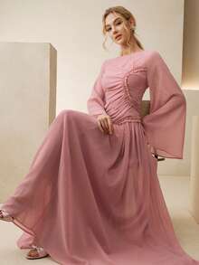Anewsta High-Quality Fashionable Elegant French Pleated Waist Dress, Niche Design Flare Sleeve Round Neck Formal Gown, Commuting & Party Graceful Dress - Dusty Pink - View 2
