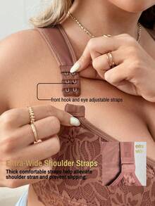DesireSculpt 1pc Elegant & Comfortable Lace Patchwork Front Closure Plus Size Bra, Adjustable Shoulder Straps - Brown - View 8