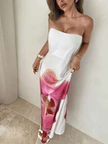 Aloruh 女士春夏新款印花连衣裙，无肩带连衣裙，度假连衣裙，蝴蝶兰花印花粉色连衣裙，约会连衣裙，下午茶连衣裙 - 彩色 - 查看 5