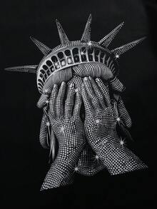 Teen Boy 2-Piece Set: Casual Minimalist Short Sleeve Round Neck T-Shirt + Pants, Summer Liberty Statue Theme T-Shirt, Y2K Style Graphic Tee, Street Fashion T-Shirt, Teenage Boy Apparel, Liberty Graphic Tee, Printed Shirt, Street Style T-Shirt, Freedom Statement Top - Black - View 3