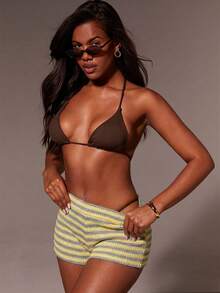 Athîral Women Striped Skinny Casual Shorts - Multicolor - View 3