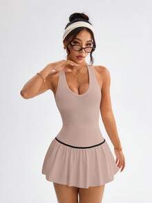 Dewbera 女士露背吊带迷你运动连衣裙 - 藕粉色 - 查看 6