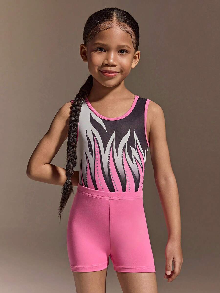 Leotardo de gimnasia con estampado floral para niñas pequeñas, falda de baile brillante sin mangas, conjunto de actuación colorido y de moda para niños pequeños, tela suave y elástica adecuada para gimnasia, ballet, yoga - Rosa - Ver 1