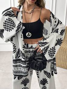 Printed High Waist Two Pieces Set – Long Sleeve Kimono Top & Wide Leg Pants - Black and White - View 5