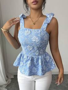 Elenzga Camiseta sin espalda con diseño de tirantes con lazo y dobladillo de peplum de jacquard para mujer en verano - Azul - Ver 3