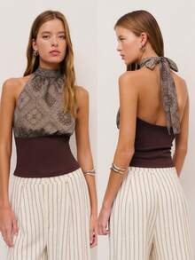 Nöista Paisley Print Halter Top Features An Intricate By A Fitted Ribbed Waist. Boho, Festival , Summer, Spring. - Rust Brown - View 1