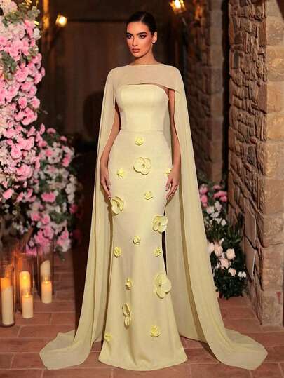 Aureia Elegant Mustard Yellow Elastic Knit Strapless High Waist Straight Fit Luxurious Romantic Handcrafted 3D Floral Dress (Detachable Extra Long Chiffon Scarf) Suitable For All Formal Occasions, Weddings, Singles Parties, Vacations, Dates, Women's Evening Gowns