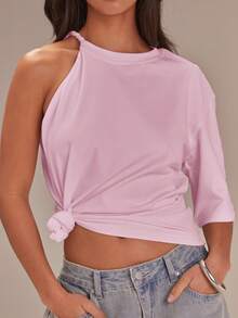 Athîral Women's Round Neck Knotted Asymmetric White Short Sleeve T-Shirt, Spring,Summer Top - Baby Pink - View 2