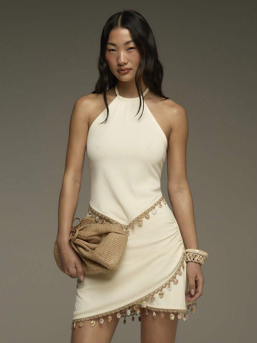 COSMINA 女士优雅露背无袖贝壳装饰两件套,适合早春通勤、度假、海滩和约会穿着,女士连衣裙,露背连衣裙,奶油色连衣裙,短款连衣裙,夏季连衣裙 - 杏色 - 查看 1