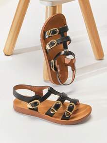 Mini mi #ModernRoman 儿童三扣优质纯素皮革黑色T字带平底凉鞋 – 安全、时尚、舒适 - 黑色 - 查看 3