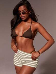 Athîral Women Striped Skinny Casual Shorts - Khaki - View 3