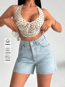 SHEIN 高腰夏季女式牛仔短裤，复古水洗，前拉链 - 深色水洗藍 - 查看 3