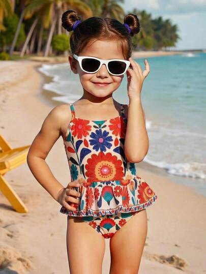 Emery Rose Kids Emery Rose Kids 少女热带海滩碎花蝴蝶结装饰连体泳衣，适合夏季海滩度假、母女/姐妹亲子装、家庭度假/假日穿着。