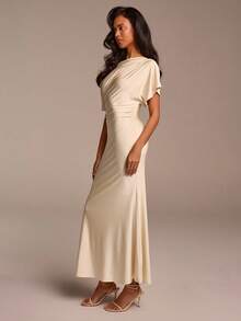 Women's Apricot Ruched Fishtail Hem Sleeveless Casual Dress, Suitable For Vacation, Commute, Party, Wedding - Apricot - View 5