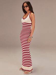 Athîral 女士休闲钩针条纹针织连衣裙 - 紅白色 - 查看 4