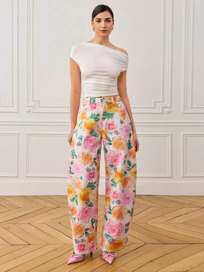 LOTSLUV Pantalones acampanados de mezclilla blanca con estampado floral de rosas en acuarela colorida para mujer, para primavera/verano