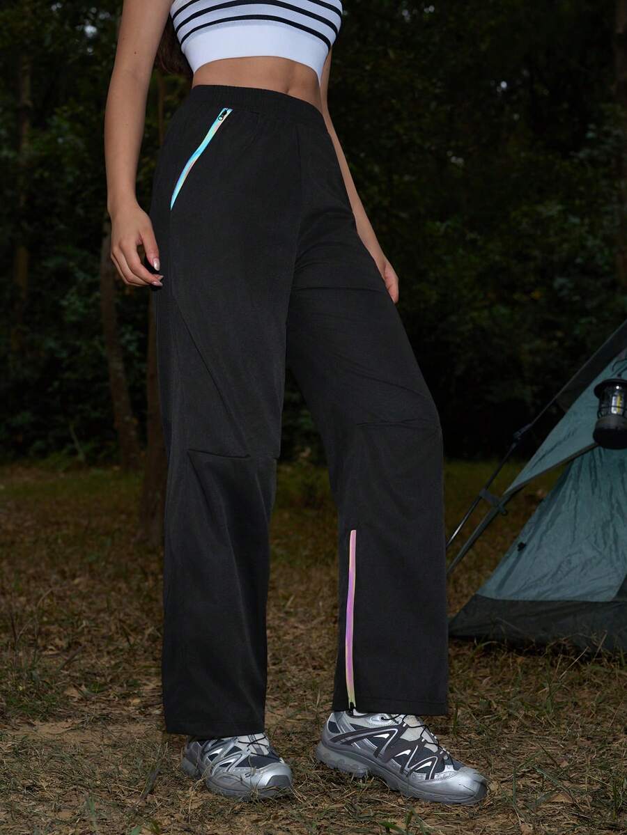 SHEIN In My Nature 女士拉链口袋直筒宽松徒步裤 - 黑色 - 查看 1