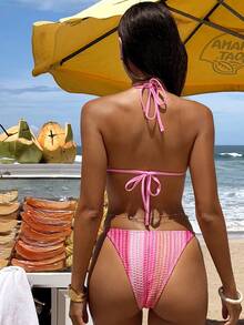 Swim Vcay 女士比基尼套装，休闲度假两件式泳衣，挂脖系带优雅泳装，夏季沙滩装 - 藕粉色 - 查看 2