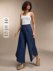 SHEIN Denim Cut-Out Wide Woman Trousers Split Leg Deatiled - Dark Wash - View 6