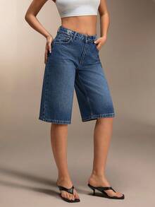 SHEIN Low Waist Washed Denim Jort - Medium Wash - View 6