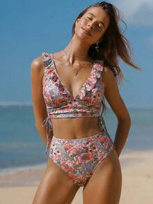 Swim Vcay 女士碎花吊带背心比基尼套装，浪漫海滩度假休闲装 - 粉色 - 查看 3