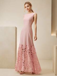 Anewsta Đầm maxi dáng chữ A không tay, cổ thuyền, màu hồng nhạt mới cho mùa xuân và hè, chất liệu ren thêu tan trong nước, trang phục dự tiệc thanh lịch dành cho phụ nữ. - Hồng - Xem 4