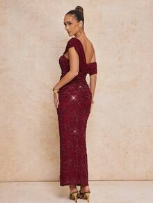 Lumalex Spring/Summer New Burgundy & Purple Sequin Mesh Splice Ruched Asymmetric Shoulder Flattering Long Dress - Burgundy - View 7