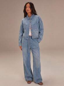 Athîral 女士休闲落肩长袖单排扣口袋牛仔衬衫 - 藍色 - 查看 3